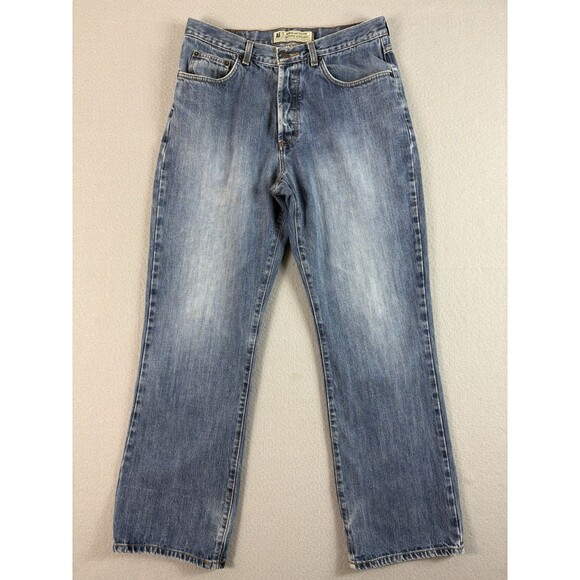 American Eagle Jeans 32x31 Blue Button Fly Relaxed Straight Distressed Tag 34x32 - Picture 3 of 14